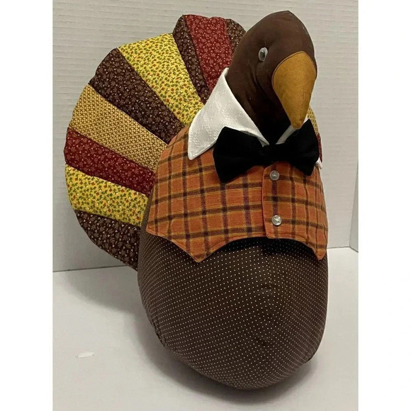 Vintage Turkey Stuffed Handmade Decor Fabric Thanksgiving Vest Bow Tie Fall 13” - Picture 1 of 6